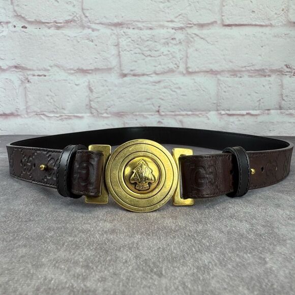 Gucci Guccissima Hysteria Crest Brown Leather Belt Gold Buckle 80/32 - Picture 1 of 13